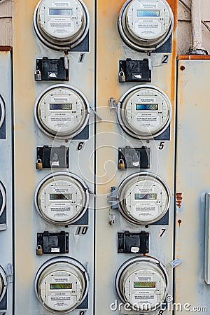 group of electric meters in an apartment building. Close-up Editorial Stock Photo