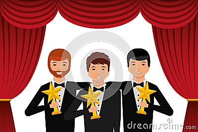 Group elegant actors holding gold trophies star in the theater Vector Illustration