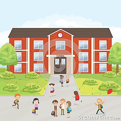Group of elementary school kids in the school yard Vector Illustration
