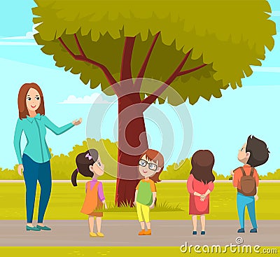 Group elementary school on walk, boy and girl and female teacher in playground in cartoon style Vector Illustration