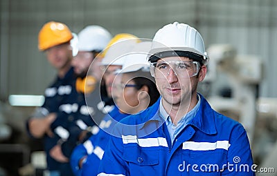 Group of emotional engineers who take pleasure in the achievement Stock Photo