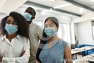 Group of employees listening boss at meeting Stock Photo