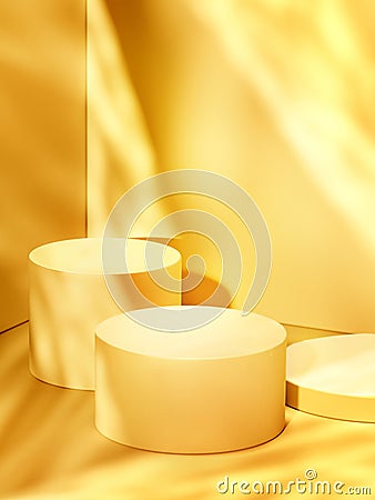 Group of empty round pedestals in corner, yellow colour theme. 3d computer graphic template of displaying place for your products Stock Photo