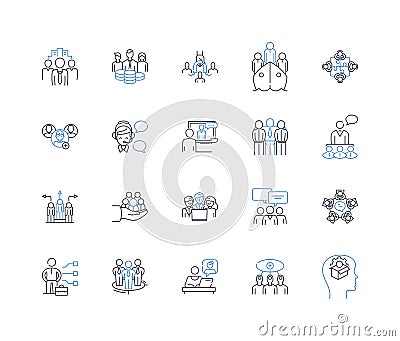 Group endeavour line icons collection. ollaboration, Cooperation, Synergy, Teamwork, Unity, Cohesion, Synchronicity Vector Illustration