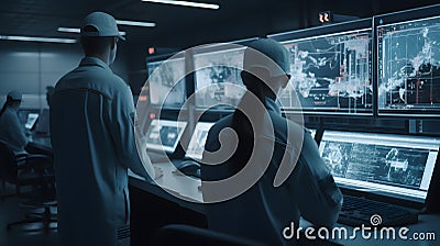 A group of engineers in a control room monitoring a compl created with generative AI Stock Photo