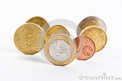Group of Euro Coins Standing Standout One Euro Front Collection Stock Photo