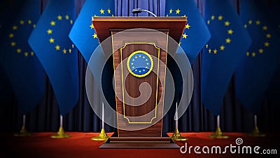 Group of European Union flags standing next to lectern in the conference hall. 3D illustration Cartoon Illustration