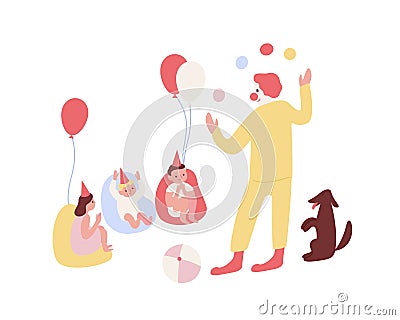 Group of excited children celebrating baby birthday with clown vector flat illustration. Happy kid having fun at holiday Vector Illustration