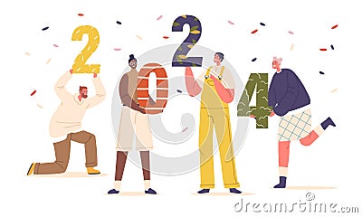 Group Of Excited Male and Female Characters Holding Large, Colorful Numbers 2024, Conveying Anticipation Vector Illustration