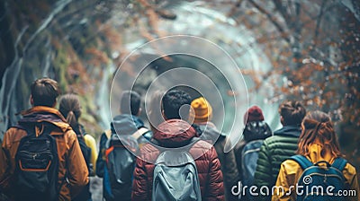 A group of explorers all facing away from the camera stand in a huddle as they strategize and plan next move before Stock Photo