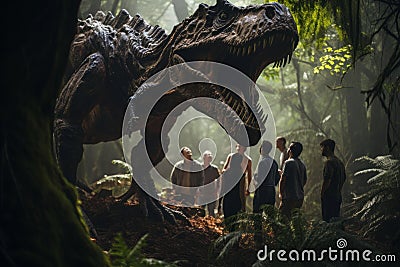 A group of explorers stumbles upon a magnificent dinosaur roaming freely in a lush, ancient landscape. Generative Ai Stock Photo