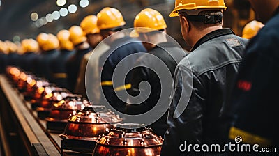 Group of factory workers in hardhats and safety helmets at work. Generative AI Stock Photo