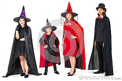 Group of family in fancy costume multiple style on white background. Concept for funny activity in halloween festival Stock Photo