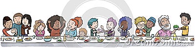 Group of Family and Friends Eating at a large Dining Table White Background Cartoon Illustration