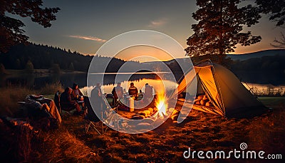 Group family and friends Go out set up tent and camping on fire, surrounded blazing fire with fuN. Sit and look view of valley and Cartoon Illustration
