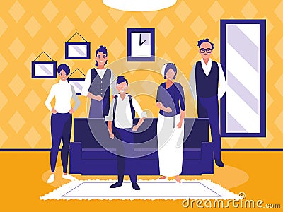 Group of family members inside house Vector Illustration