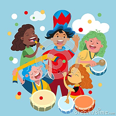 Group of fans of different nationalities with objects and musical instruments. Sports competitions and Olympic Games Vector Illustration