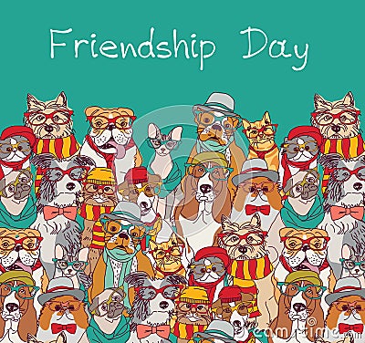 Group fashion best friends cats and dogs fun animals card and sky. Vector Illustration