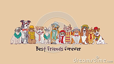 Group fashion best friends pets fun animals card. Vector Illustration