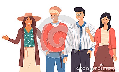 Group of fashion cartoon young people. Stylish teenagers boys and girls standing together Vector Illustration