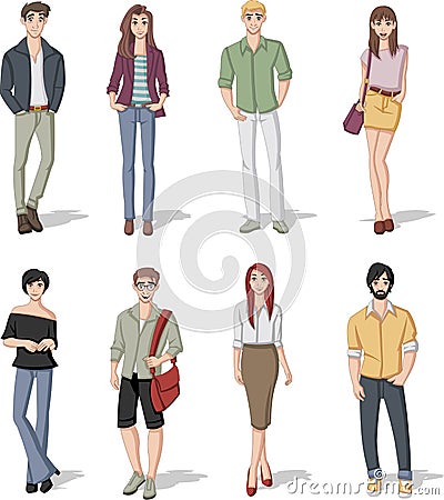 Group of fashion cartoon young people. Vector Illustration