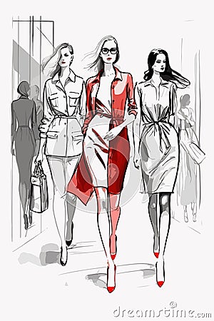 Group of fashionable women shopping standing together vector sketch illustration Cartoon Illustration