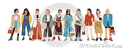 Group of fashionable women standing together vector flat illustration. Stylish female characters in modern casual Vector Illustration