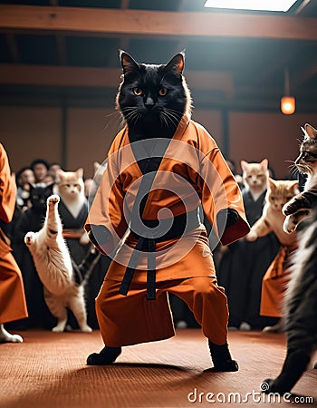 A group of Felidae, small to mediumsized cats, are practicing karate in a room Stock Photo