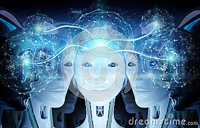 Group of female robots heads creating digital sphere network 3d rendering Stock Photo