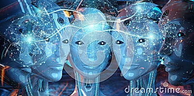 Group of female robots heads creating digital sphere network 3d rendering Stock Photo