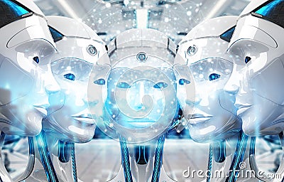 Group of female robots heads creating digital sphere network 3d rendering Stock Photo