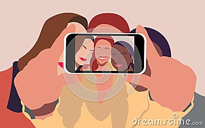 Group of female taking selfie together using smartphone camera. Vector Illustration