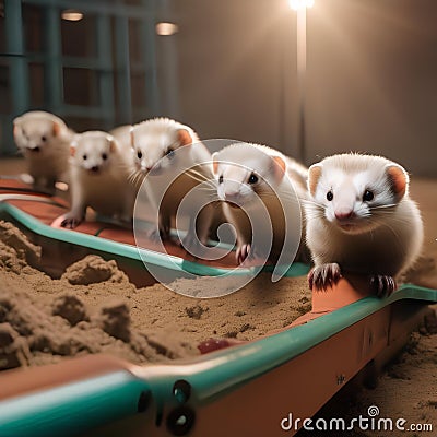 A group of ferrets racing in a high-tech obstacle course with automated timers and sensors2 Stock Photo