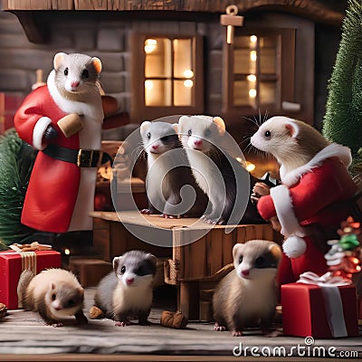 A group of ferrets in a tiny Santas workshop, crafting miniature gifts2 Stock Photo
