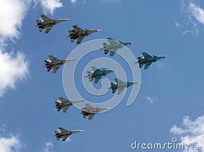Group of fighter planes su-34, su-27 and SU-35S Editorial Stock Photo