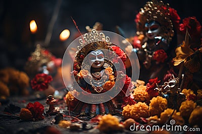 a group of figurines of hindu deities on a dark background Stock Photo