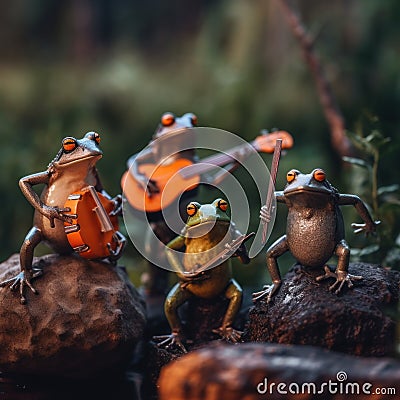 A group of figurines sitting on top of a rock. Generative AI image. Stock Photo