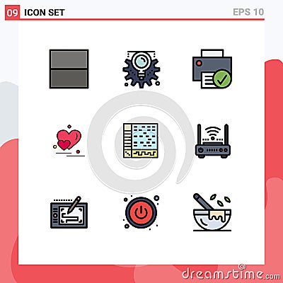 Group of 9 Filledline Flat Colors Signs and Symbols for audio, ableton, devices, valentine greetings, love Vector Illustration