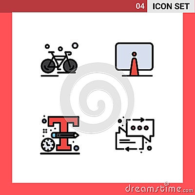 Group of 4 Filledline Flat Colors Signs and Symbols for bicycle, monitor, sport, computer, logo Vector Illustration