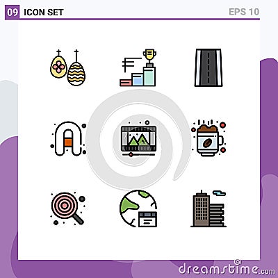 Group of 9 Filledline Flat Colors Signs and Symbols for reel, play store, car, play, camping Vector Illustration