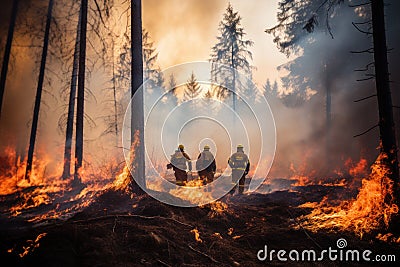 Group of firefighters in the middle of a burning forest Stock Photo