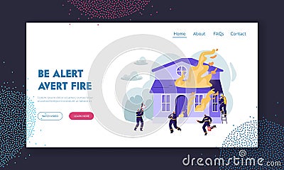 Group of Firemen Fighting with Blaze at Burning House. Team Extinguishing Big Fire, Crying to Megaphone, Carry Water Saving Dog Vector Illustration