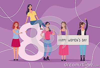 group of five beautiful young women celebrating Vector Illustration