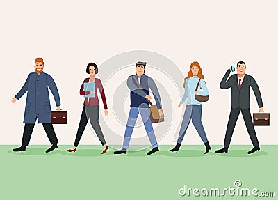 group of five business persons walking back to office characters Vector Illustration