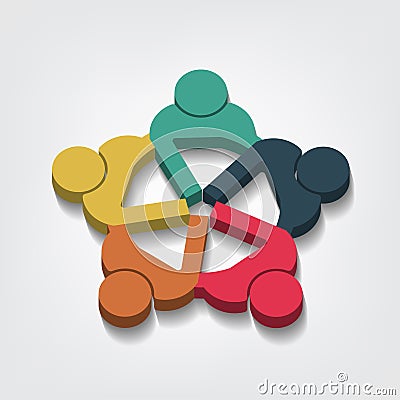 Group of five people logo in a circle.Persons teamwork holding point of view 3D Vector Illustration