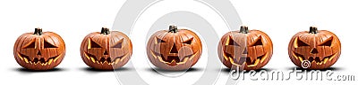 A group of five unlit spooky halloween pumpkins, Jack O Lantern with evil face and eyes Stock Photo