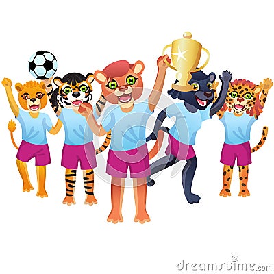 The cougar girl with goblet, and the team of panther, tiger, lion and jaguar is on the white background Vector Illustration