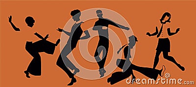 Group of five young people wearing retro clothes, dancing Mod or Northern Soul style Stock Photo