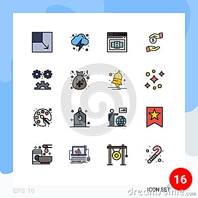 Group of 16 Flat Color Filled Lines Signs and Symbols for engineering science, applied science, code, corrupt, bribery Vector Illustration