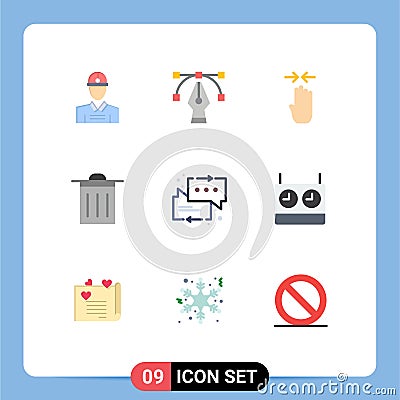 Group of 9 Flat Colors Signs and Symbols for arrow, messages, four finger, chat, trash Vector Illustration